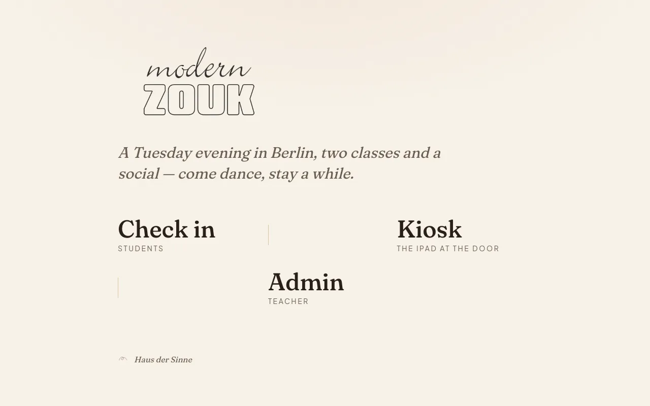 modern Zouk check-in screenshot